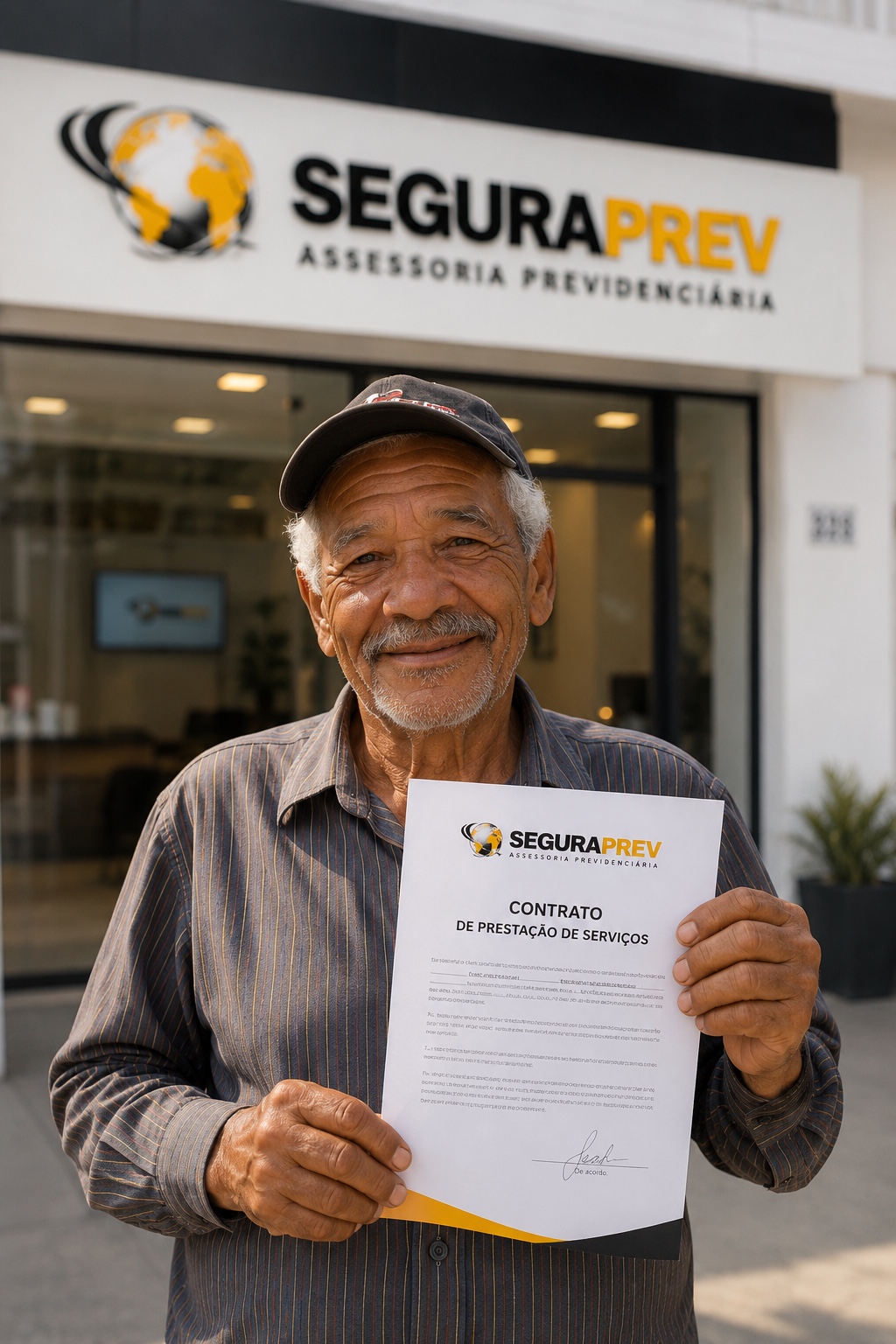 Cliente SeguraPrev segurando contrato de prestação de serviços
